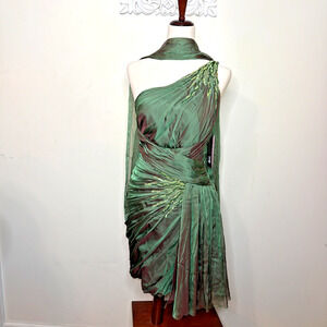 COLORS size 8 DRESS One Shoulder Sequins Evening Cocktail & Scarf GREEN NWT $190